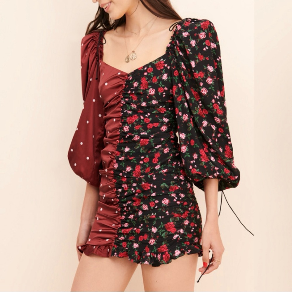 For Love & Lemons Cher Ruched Mini Dress Floral Patchwork Dress Women Size Large